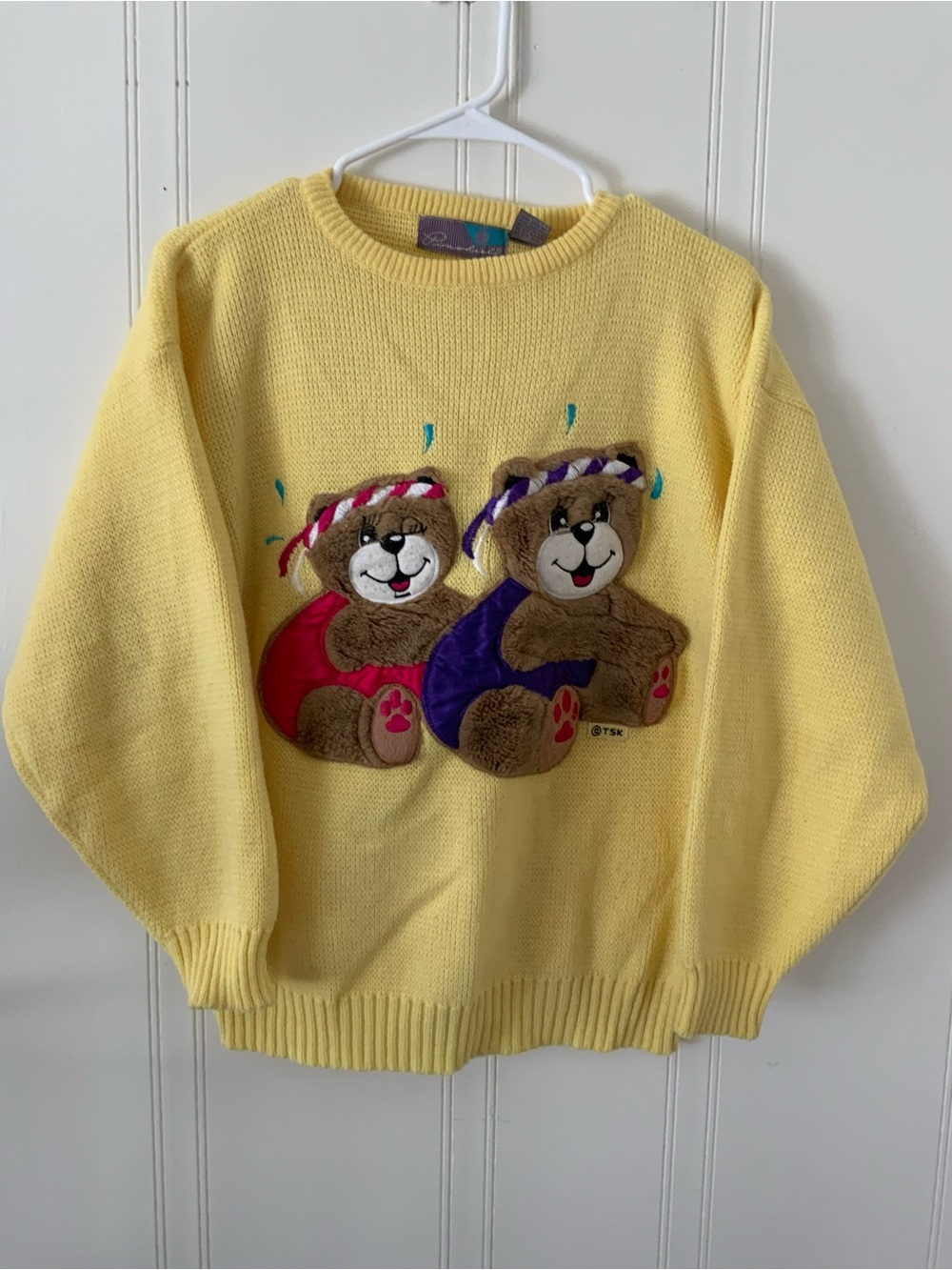 Yellow Crewneck Sweater with Twin Bear Appliqués